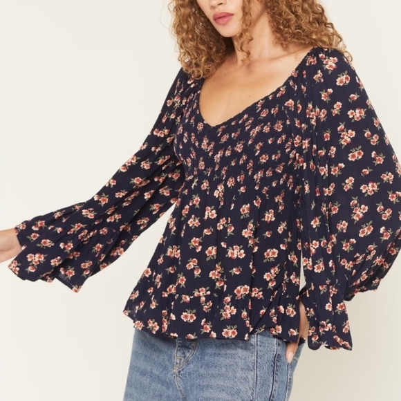 Angie Tops - Boho Bell Sleeves Smocked Floral Print Top Ruffle Cottagecore Navy Blue XL